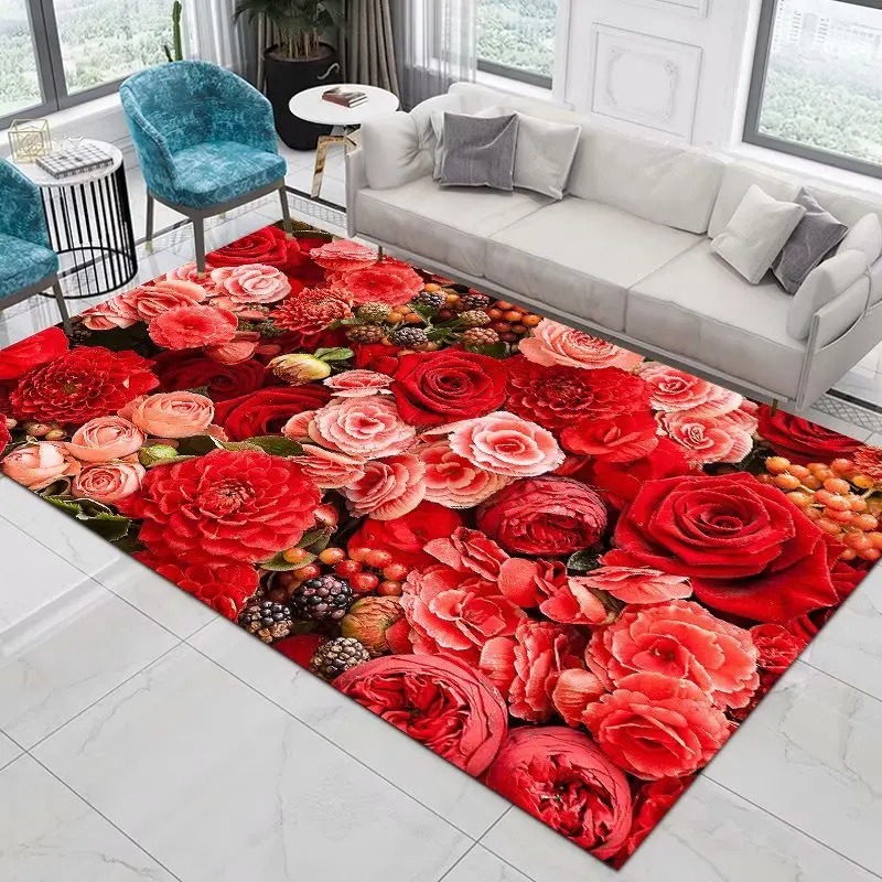 Maranta Prayer Plant - 赤いバラのリビングルーム用ラグ ロマンチックな花柄カーペット ソフトフロアマット 寝室用花柄ラグ バレンタインデー装飾エリアマット